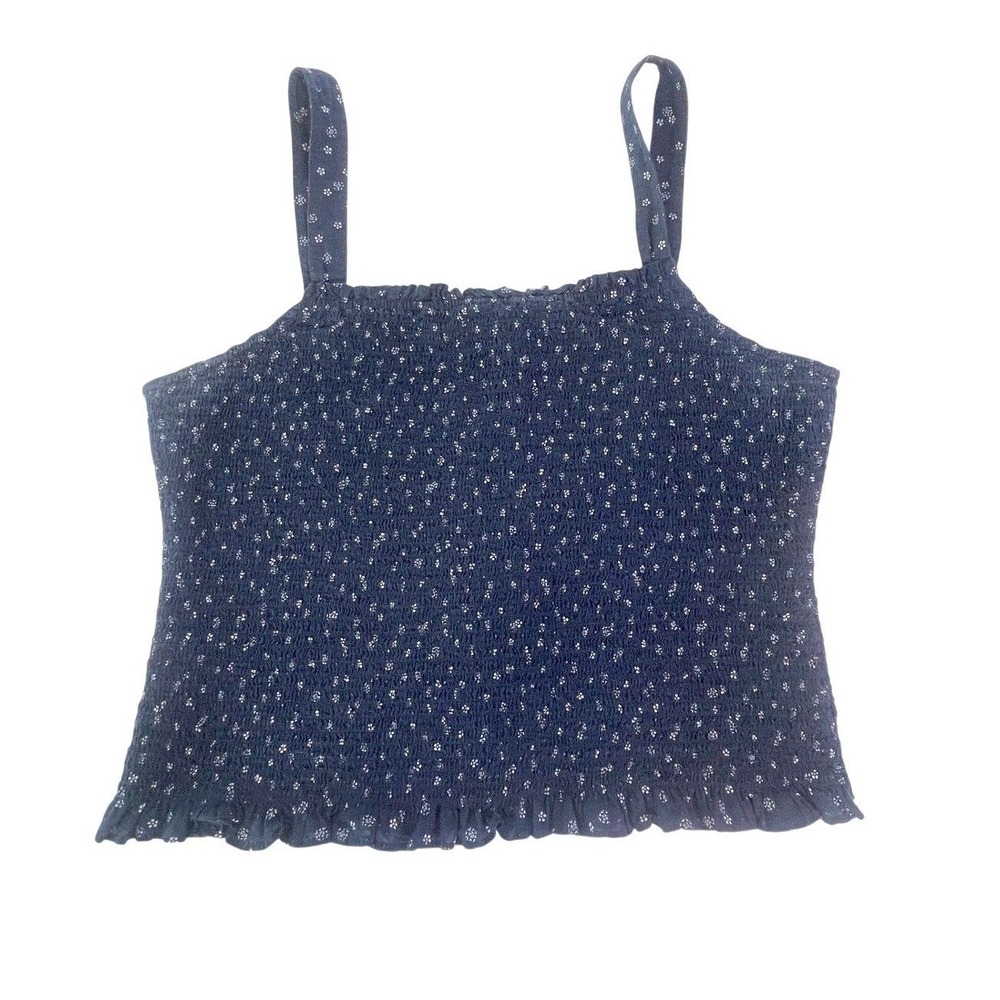 Madewell Summer Smocked Tank Top Women XL Navy Blue White Ditsy Floral Peasant